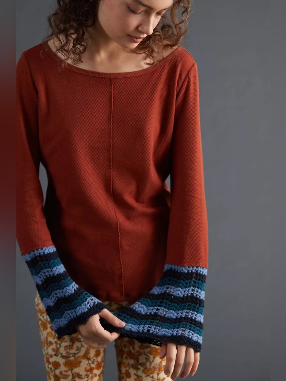 Anthropologie Pilcro Terracotta Thermal Crochet-Cuffed Top